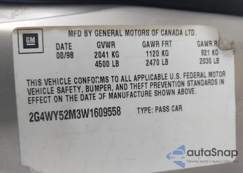 1998 Buick Century Limited from USA, damaged, VIN 2G4WY52M3W1609558